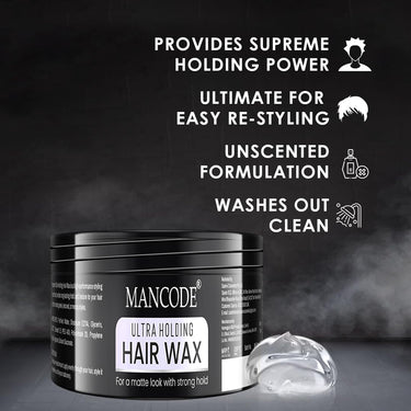 Mancode Ultra Holding Hair Wax for Men 100ml | Matte Look with 24 hrs Strong Hold Level 7 | Matte Finish & No Greasy Residue Styling Hair Wax 100gm